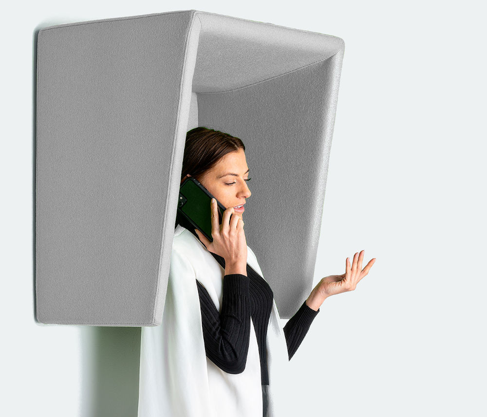 Storacall T900 Indoor Acoustic Fabric Telephone Hood - Wall and Desk mountable hood upholstered with acoustic Camira Blazer © fabric. Blue or Grey